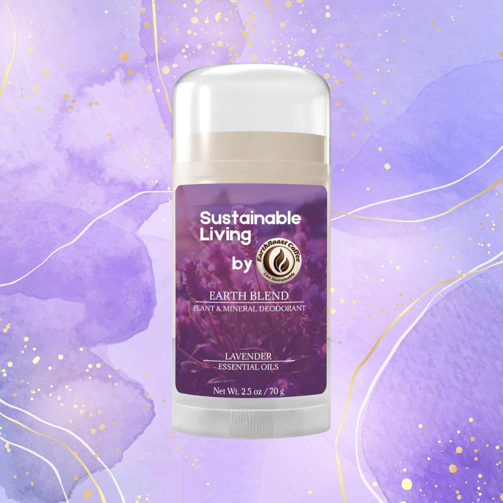 Lavender Earth Blend Deodorant Stick with essential oils, vegan formula, and natural ingredients.