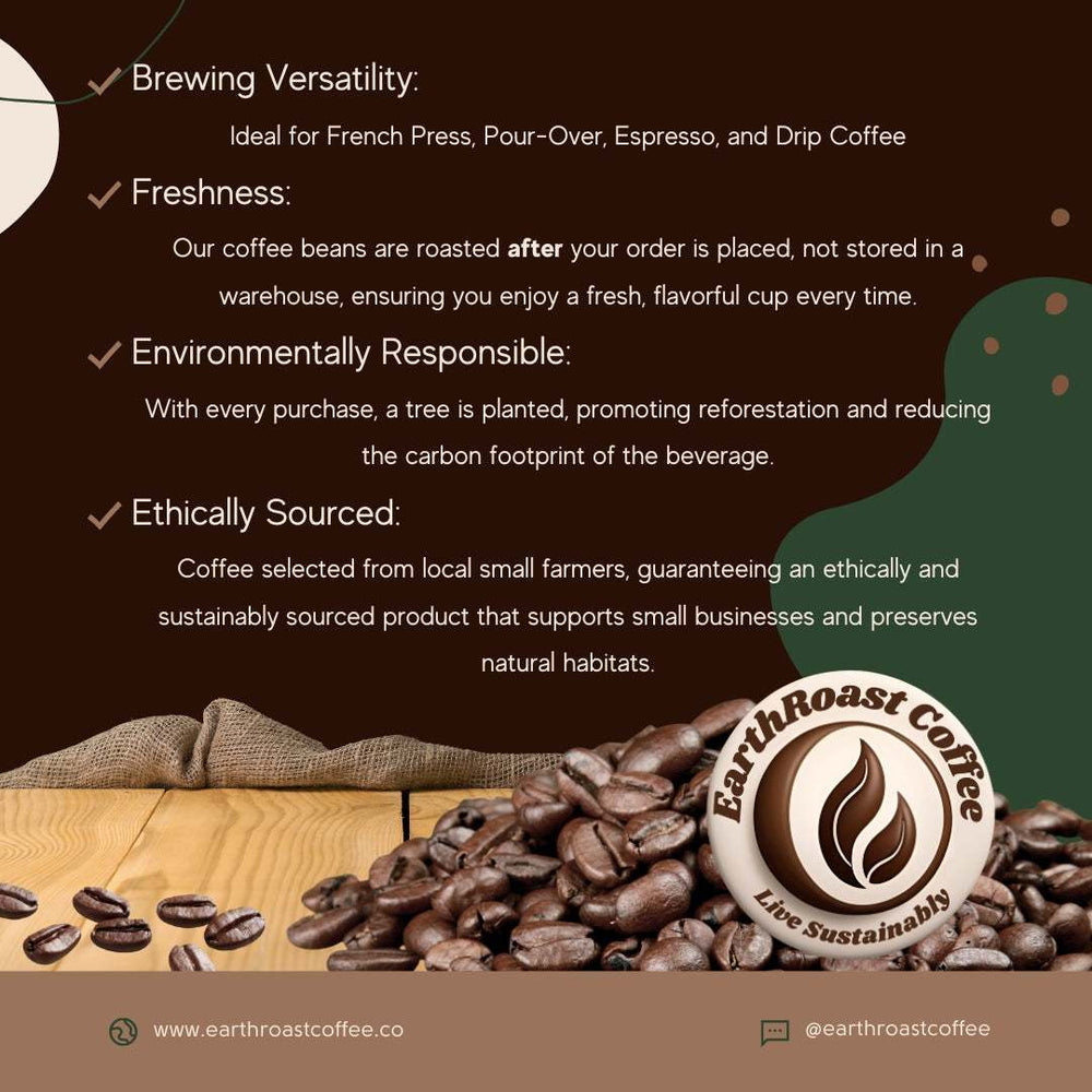 An infographic showcasing the benefits of EarthRoast Coffee with a dark, earthy background. The text highlights four key features: Brewing Versatility, Freshness, Environmentally Responsible, and Ethically Sourced. Each feature is marked with a checkmark and includes a brief description. The bottom of the image features coffee beans on a wooden surface, the EarthRoast Coffee logo, and the tagline 'Live Sustainably.' The website URL and social media handle (@earthroastcoffee) are displayed at the bottom.