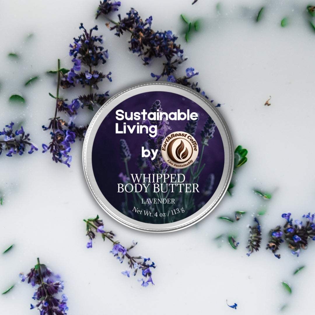 Lavender Whipped Body Butter in tin surrounded by lavender sprigs.