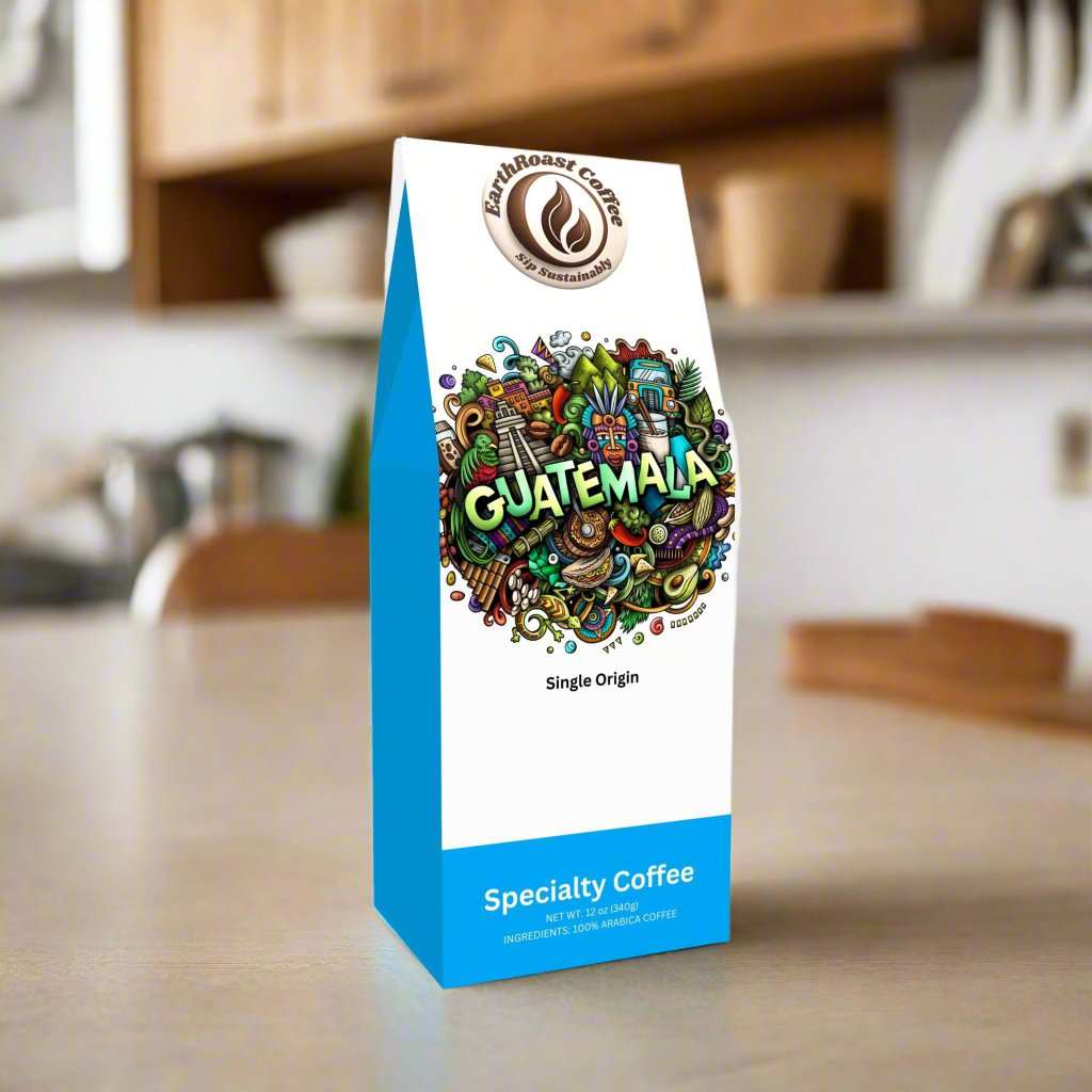 Front view of EarthRoast Coffee's Guatemala Single Origin Specialty Coffee box featuring a colorful, artistic design with Guatemalan cultural elements. Highlights the organic, sustainably sourced coffee with a vibrant representation of its origin.