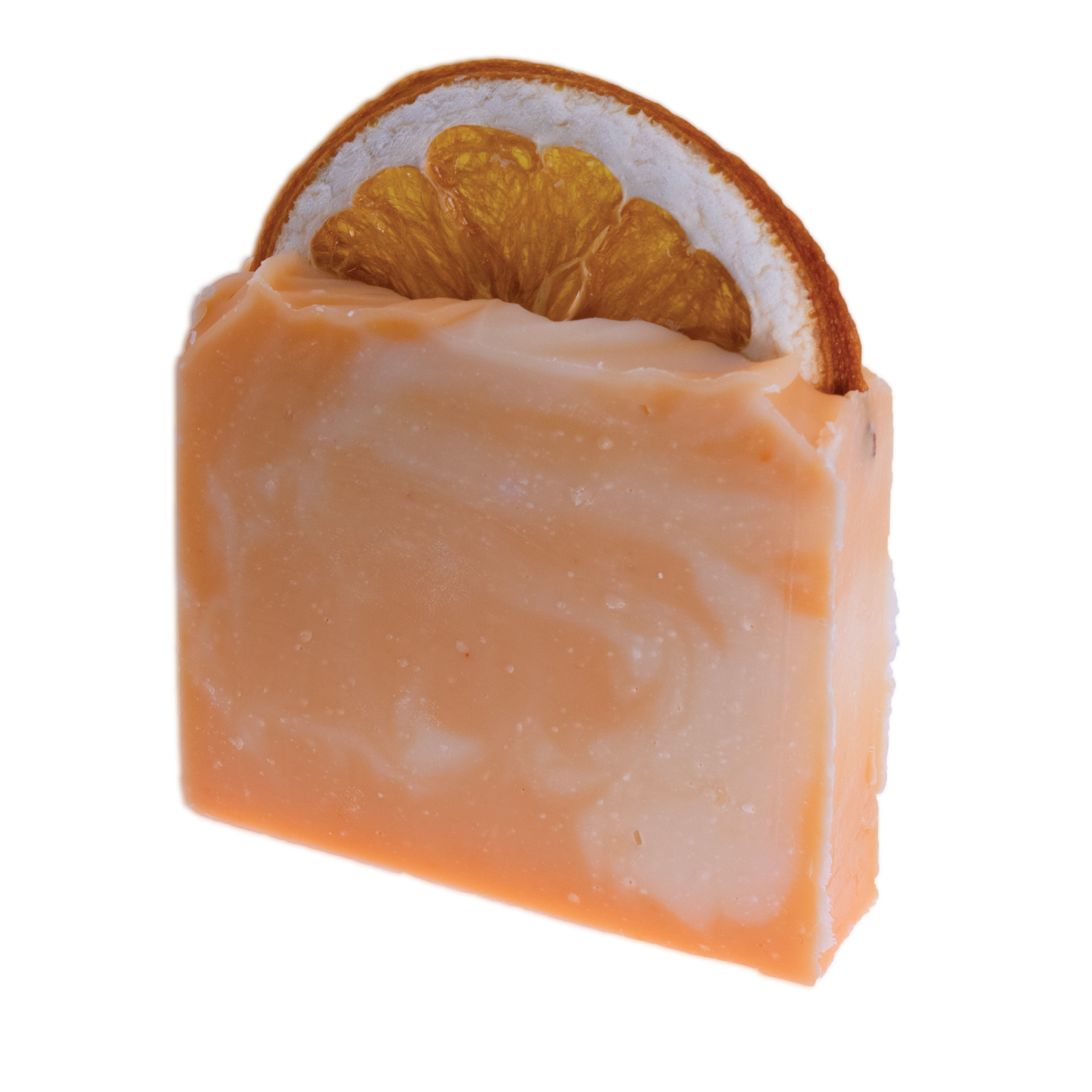 Handcrafted Orange & Bergamot Soap with citrus slice, nourishing and invigorating.