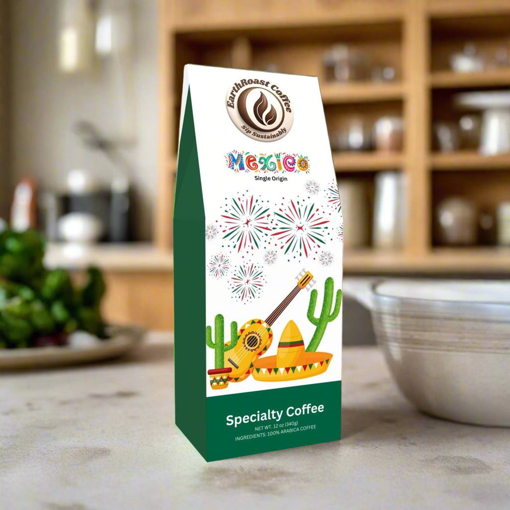 Front view of EarthRoast Coffee's Mexico Single Origin Specialty Coffee bag featuring colorful designs with fireworks, cacti, a guitar, and a sombrero. Highlights the vibrant culture and the organic, sustainably sourced quality of this premium coffee.