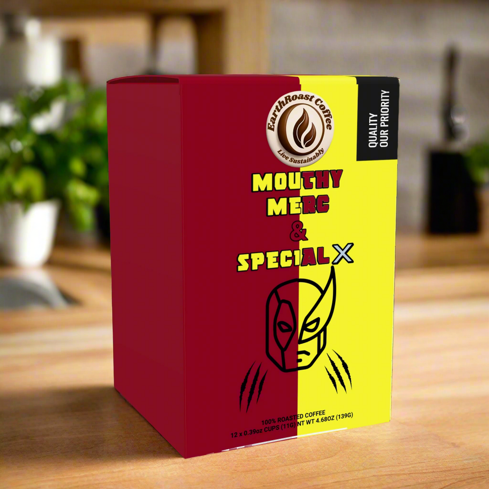 Front view of EarthRoast Coffee's 'Mouthy Merc & Special X' Coffee Pods box with bold red and yellow comic-inspired design featuring a stylized masked character. Highlights the fun, unique branding and the sustainably sourced specialty coffee inside.