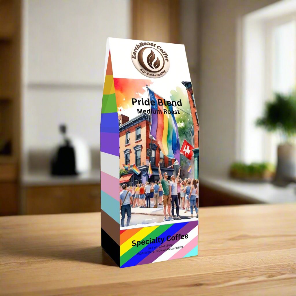 Front view of EarthRoast Coffee's Pride Blend Medium Roast bag featuring an illustration of a vibrant pride parade with rainbow flags and a colorful Progress Pride flag design wrapping around the bag. Highlights the specialty coffee's organic, sustainably sourced quality and support for the LGBTQ+ community.