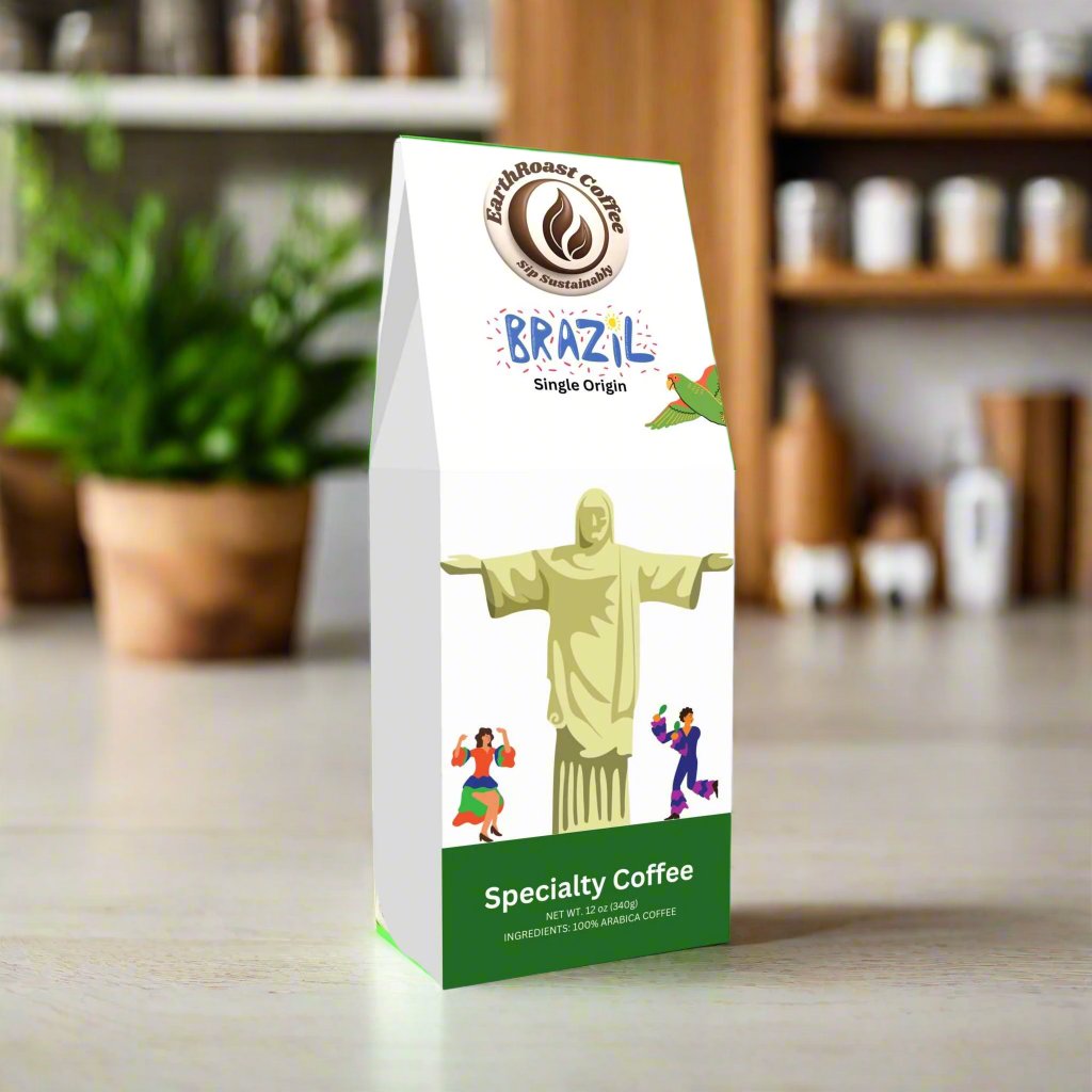 Front view of EarthRoast Coffee's Single Origin Brazil Specialty Coffee box featuring vibrant illustrations of Christ the Redeemer, dancing figures, and tropical birds. This organic, sustainably sourced coffee celebrates Brazilian culture and delivers premium specialty coffee.